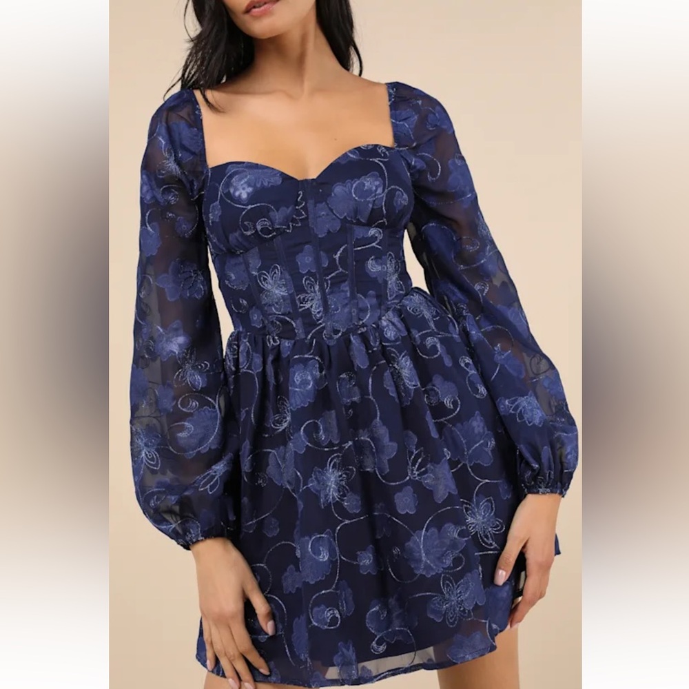 NWT Lulus Decadent Charisma Navy Floral Embroidered Bustier Mini Dress Blue M